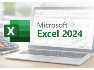 Microsoft Excel 2024 spreadsheet software on laptop displaying data analysis, financial charts, formulas and tables, Excel 2024 desktop interface with business analytics and productivity tools.