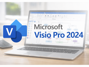 Microsoft Visio Professional 2024 diagram software interface on laptop with flowchart, business process mapping tool, vector graphics diagramming application, Visio Pro 2024 desktop UI and logo.