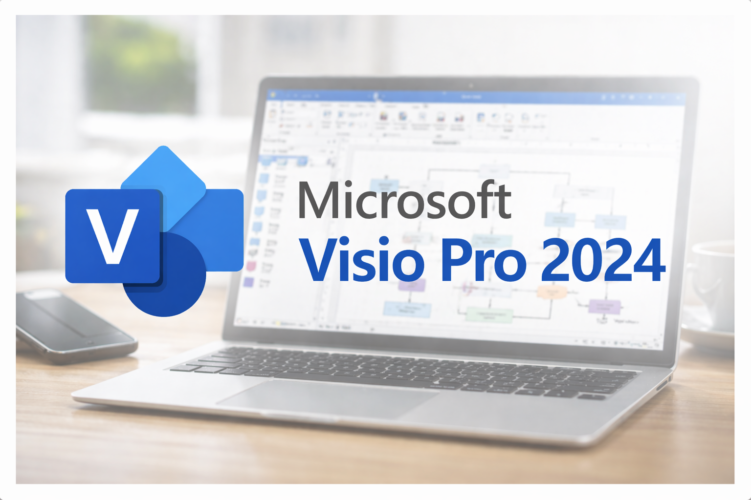 Microsoft Visio Professional 2024 diagram software interface on laptop with flowchart, business process mapping tool, vector graphics diagramming application, Visio Pro 2024 desktop UI and logo.