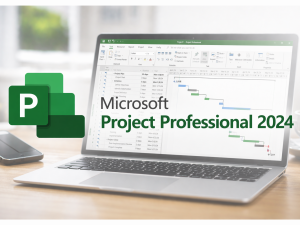 Microsoft Project Professional 2024 project management software on laptop showing Gantt chart, task scheduling, resource planning tool, Project Pro 2024 desktop interface and logo.