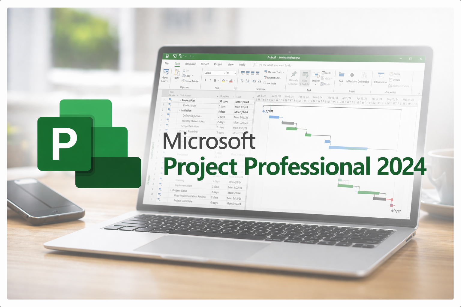 Microsoft Project Professional 2024 project management software on laptop showing Gantt chart, task scheduling, resource planning tool, Project Pro 2024 desktop interface and logo.